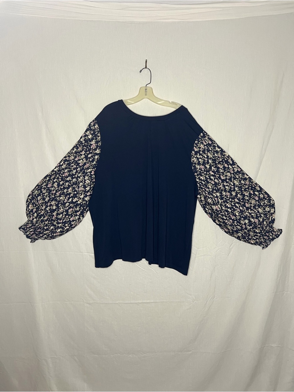 BloomChic Navy Top with Floral Balloon Sleeves